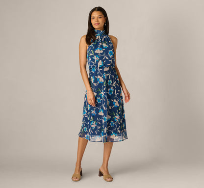 Floral Crinkle Chiffon Halter Midi Dress - Navy Multi | Adrianna Papell