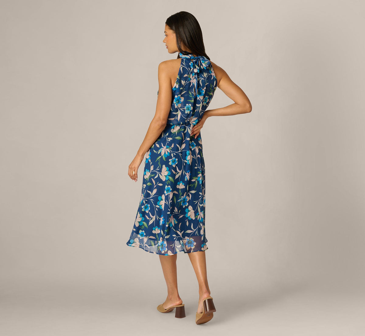 Floral Crinkle Chiffon Halter Midi Dress - Navy Multi | Adrianna Papell