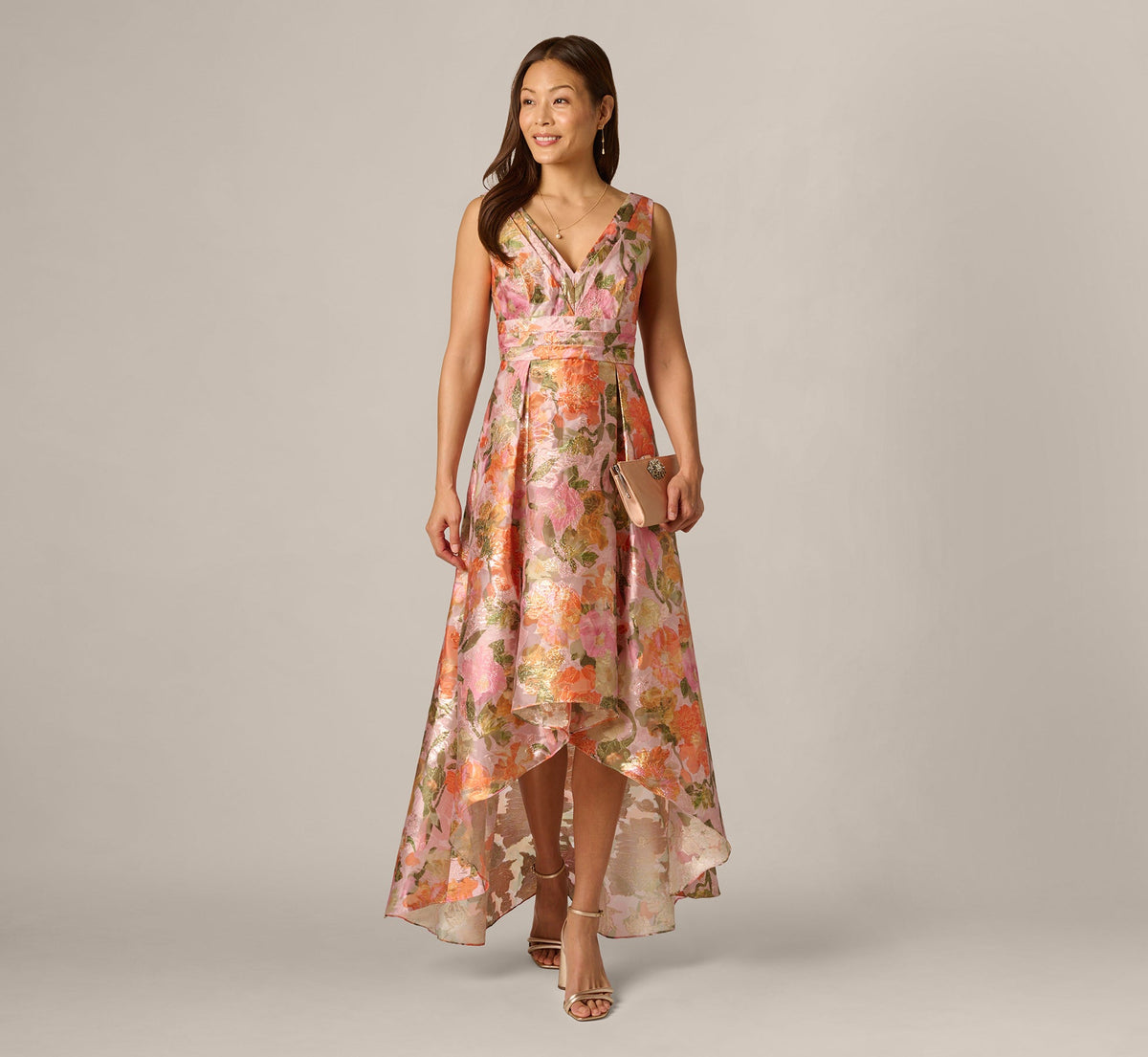 Metallic Floral Jacquard High Low Gown - Yellow Orange Multi | Adrianna Papell