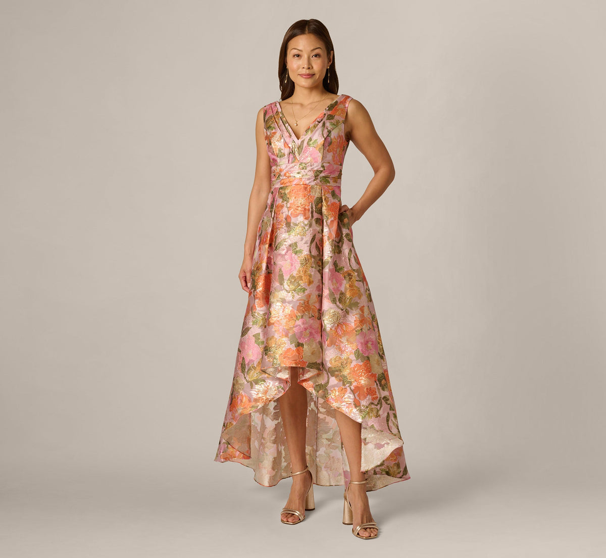 Metallic Floral Jacquard High Low Gown - Yellow Orange Multi | Adrianna Papell