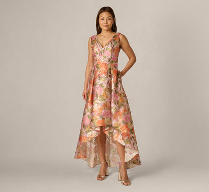 Metallic Floral Jacquard High Low Gown - Yellow Orange Multi | Adrianna Papell