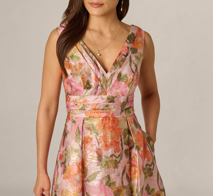 Metallic Floral Jacquard High Low Gown - Yellow Orange Multi | Adrianna Papell