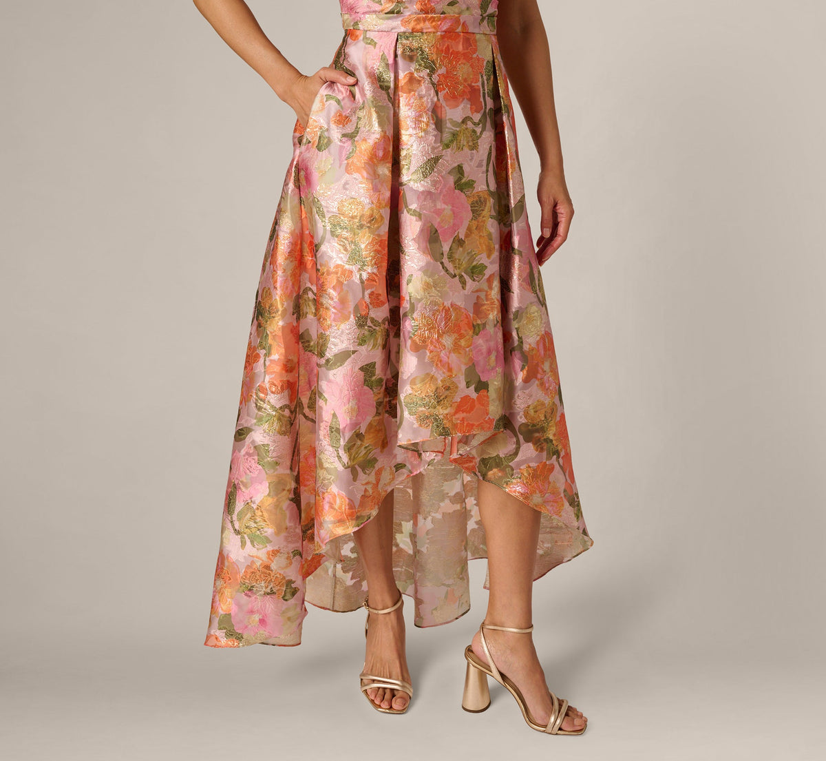 Metallic Floral Jacquard High Low Gown - Yellow Orange Multi | Adrianna Papell