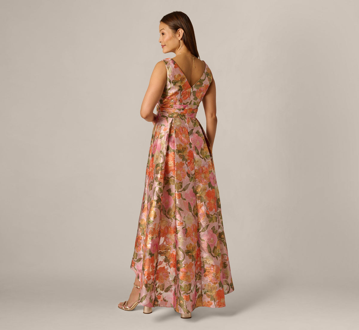 Metallic Floral Jacquard High Low Gown - Yellow Orange Multi | Adrianna Papell