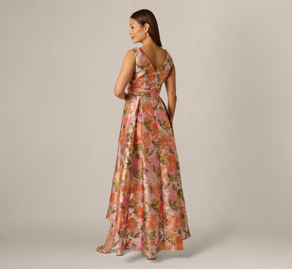 Metallic Floral Jacquard High Low Gown - Yellow Orange Multi | Adrianna Papell