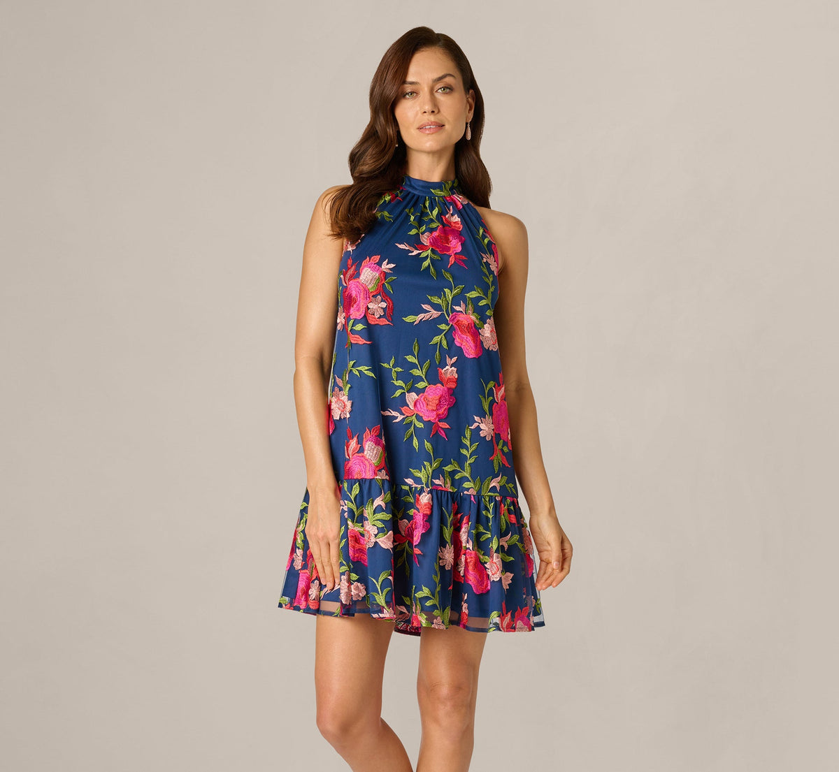 Floral Embroidered Short Trapeze Dress - Navy Pink Multi | Adrianna Papell