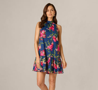 Floral Embroidered Short Trapeze Dress - Navy Pink Multi | Adrianna Papell