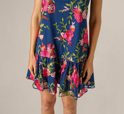Floral Embroidered Short Trapeze Dress - Navy Pink Multi | Adrianna Papell