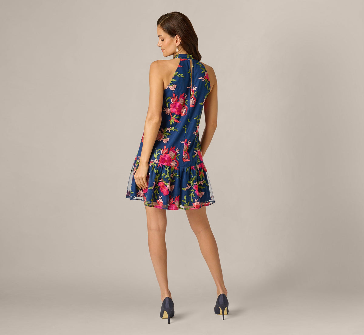 Floral Embroidered Short Trapeze Dress - Navy Pink Multi | Adrianna Papell