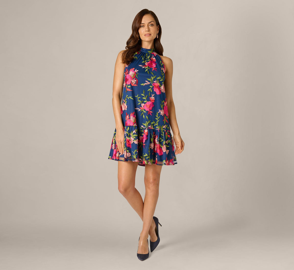 Floral Embroidered Short Trapeze Dress - Navy Pink Multi | Adrianna Papell