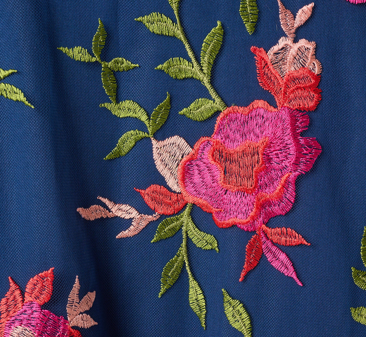 Floral Embroidered Short Trapeze Dress - Navy Pink Multi | Adrianna Papell