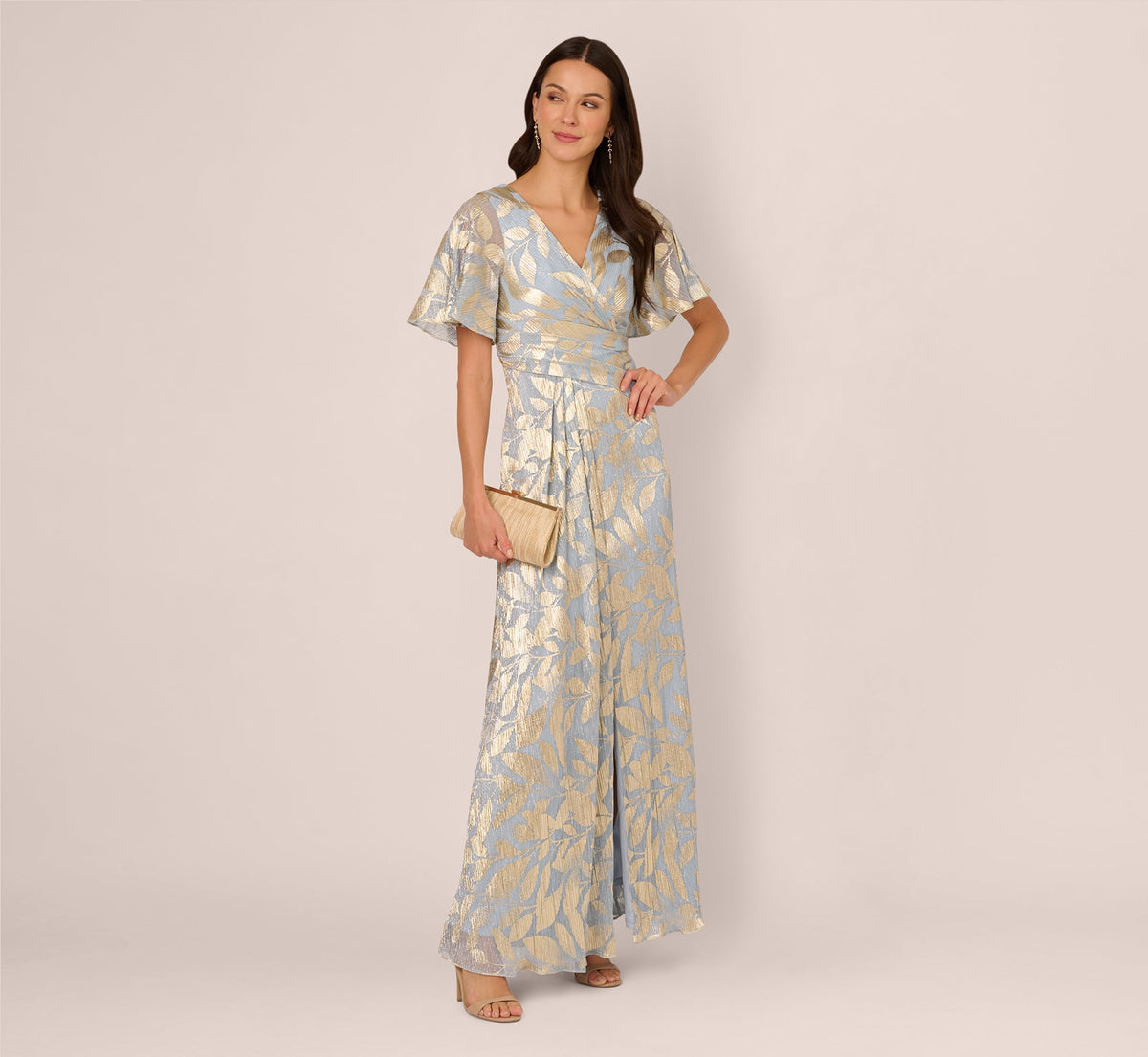 Foil Leaf Short Sleeve Gown With Draped Details - Light Blue Gold | Adrianna Papell