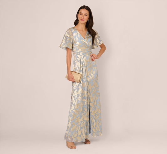 Foil Leaf Short Sleeve Gown With Draped Details - Light Blue Gold | Adrianna Papell
