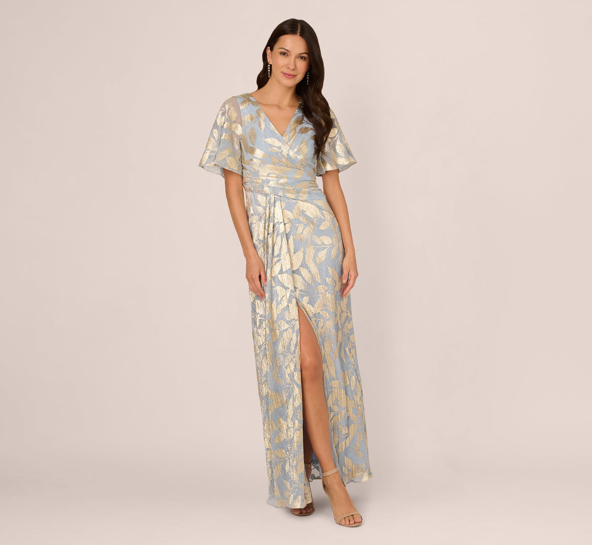 Foil Leaf Short Sleeve Gown With Draped Details - Light Blue Gold | Adrianna Papell
