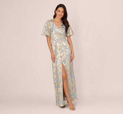 Foil Leaf Short Sleeve Gown With Draped Details - Light Blue Gold | Adrianna Papell