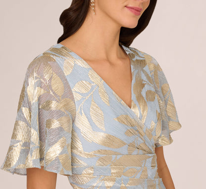 Foil Leaf Short Sleeve Gown With Draped Details - Light Blue Gold | Adrianna Papell