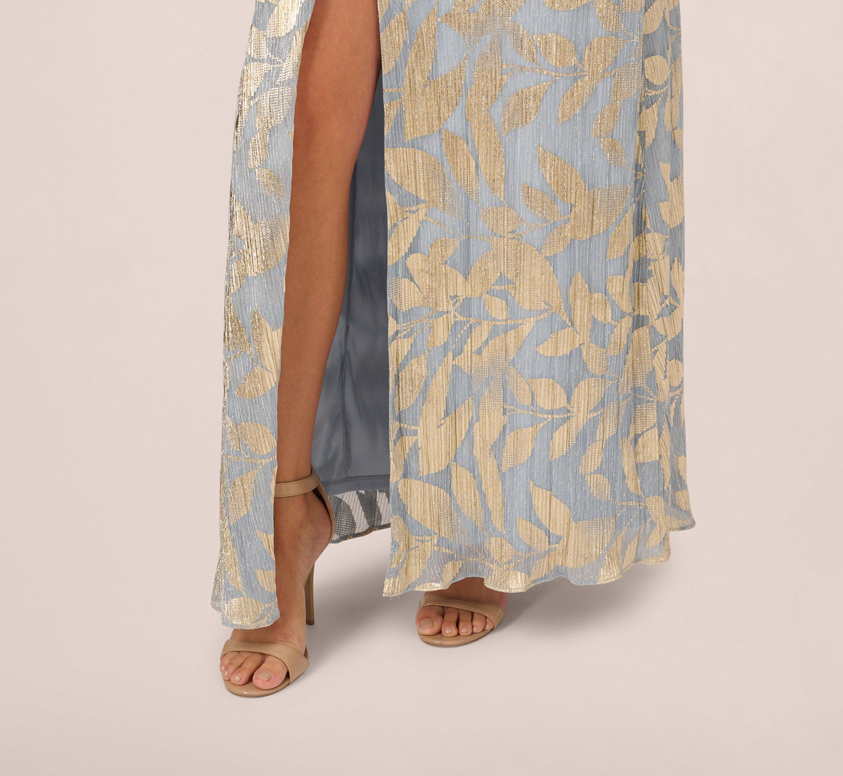 Foil Leaf Short Sleeve Gown With Draped Details - Light Blue Gold | Adrianna Papell