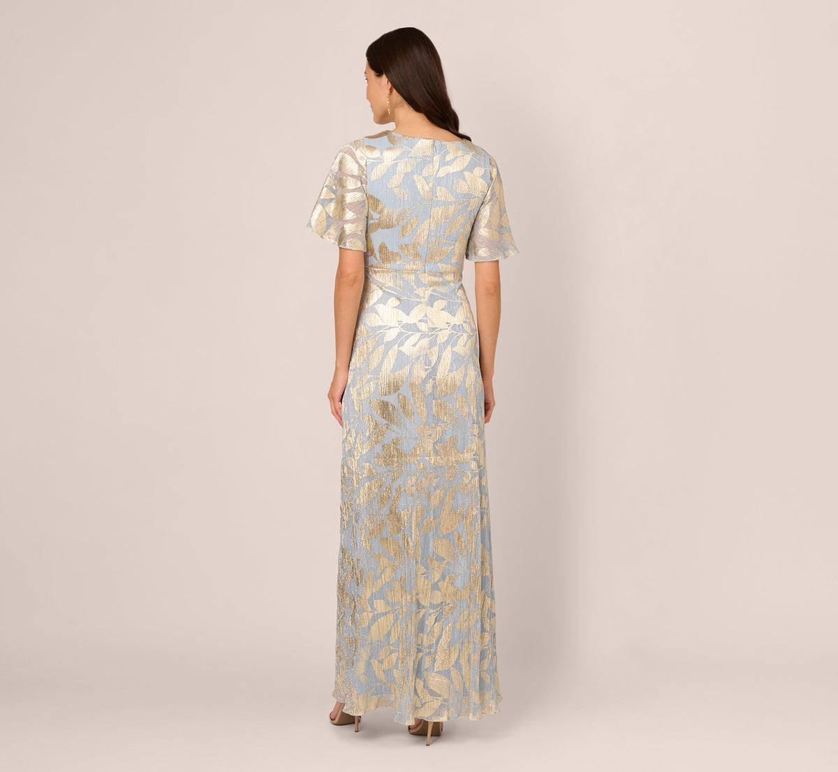 Foil Leaf Short Sleeve Gown With Draped Details - Light Blue Gold | Adrianna Papell