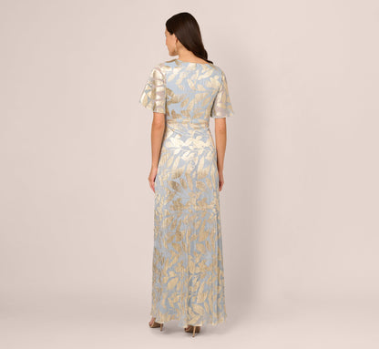 Foil Leaf Short Sleeve Gown With Draped Details - Light Blue Gold | Adrianna Papell