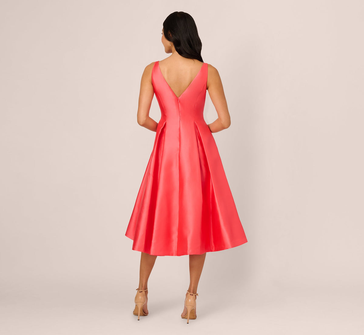 Sleeveless Mikado Fit And Flare Midi Dress With V-Back - Desert Flower | Adrianna Papell