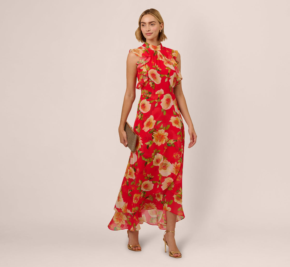 Printed Chiffon Mock Neck Ankle Dress - Coral Multi | Adrianna Papell