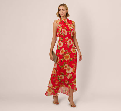Printed Chiffon Mock Neck Ankle Dress - Coral Multi | Adrianna Papell