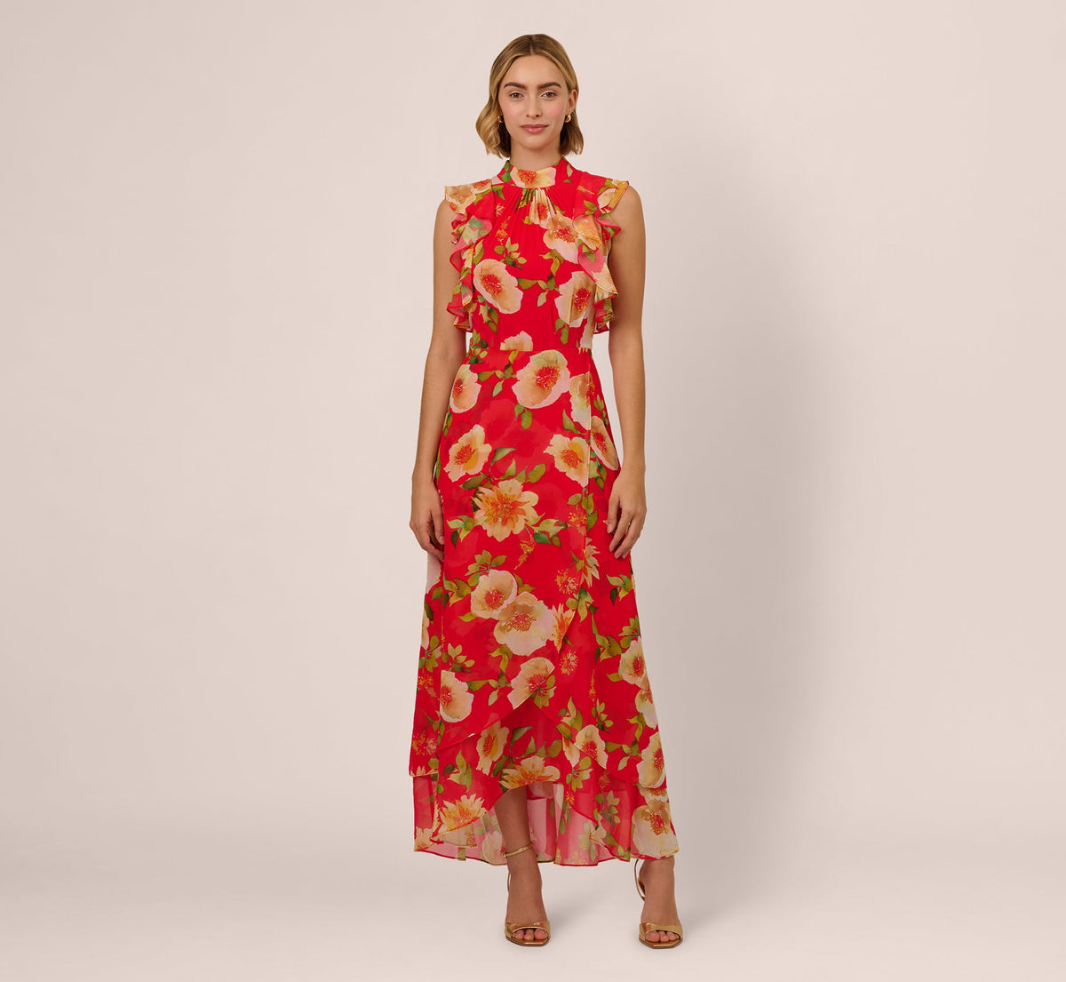 Printed Chiffon Mock Neck Ankle Dress - Coral Multi | Adrianna Papell