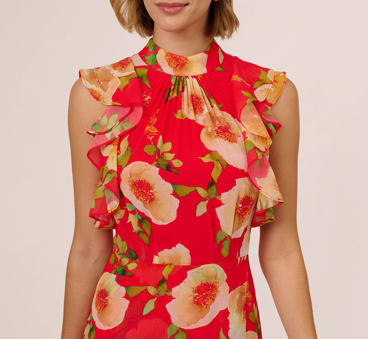 Printed Chiffon Mock Neck Ankle Dress - Coral Multi | Adrianna Papell