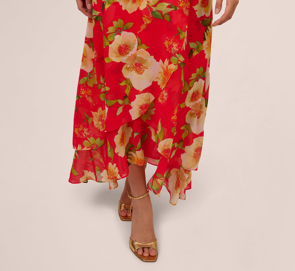 Printed Chiffon Mock Neck Ankle Dress - Coral Multi | Adrianna Papell