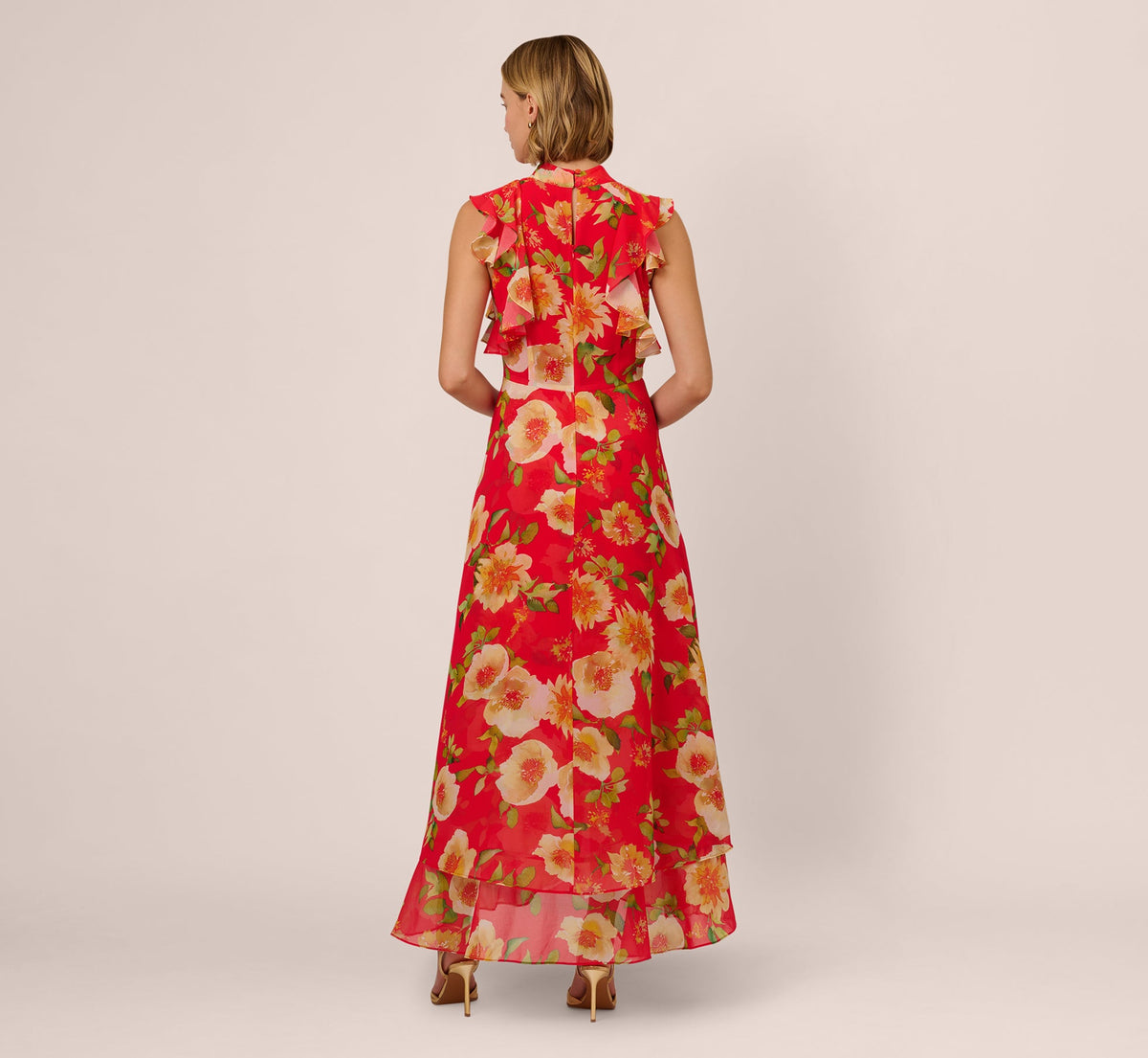 Printed Chiffon Mock Neck Ankle Dress - Coral Multi | Adrianna Papell