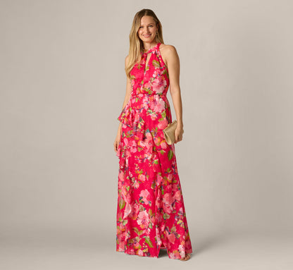 Floral Chiffon Keyhole Halter Maxi Dress - Pink Multi | Adrianna Papell