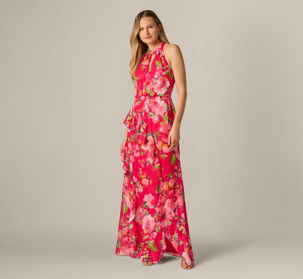 Floral Chiffon Keyhole Halter Maxi Dress - Pink Multi | Adrianna Papell