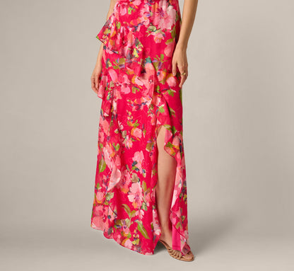 Floral Chiffon Keyhole Halter Maxi Dress - Pink Multi | Adrianna Papell