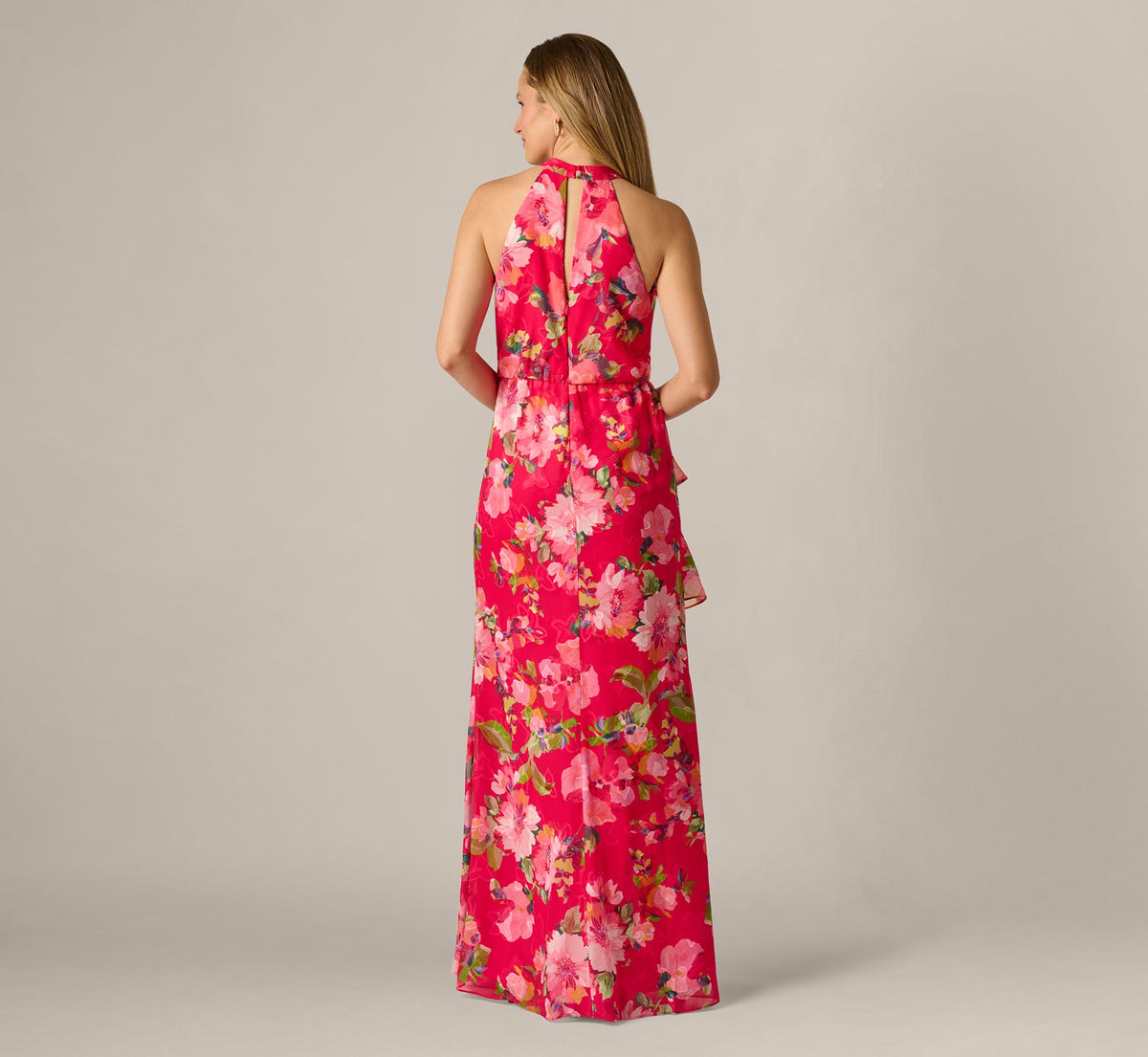 Floral Chiffon Keyhole Halter Maxi Dress - Pink Multi | Adrianna Papell