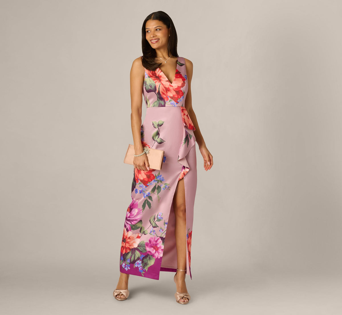 Floral Mikado Draped Column Gown - Mauve Multi | Adrianna Papell