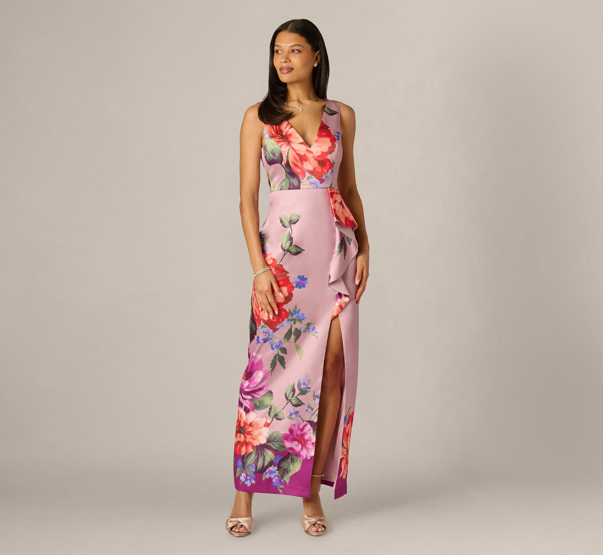 Floral Mikado Draped Column Gown - Mauve Multi | Adrianna Papell