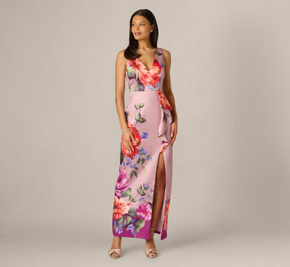 Floral Mikado Draped Column Gown - Mauve Multi | Adrianna Papell