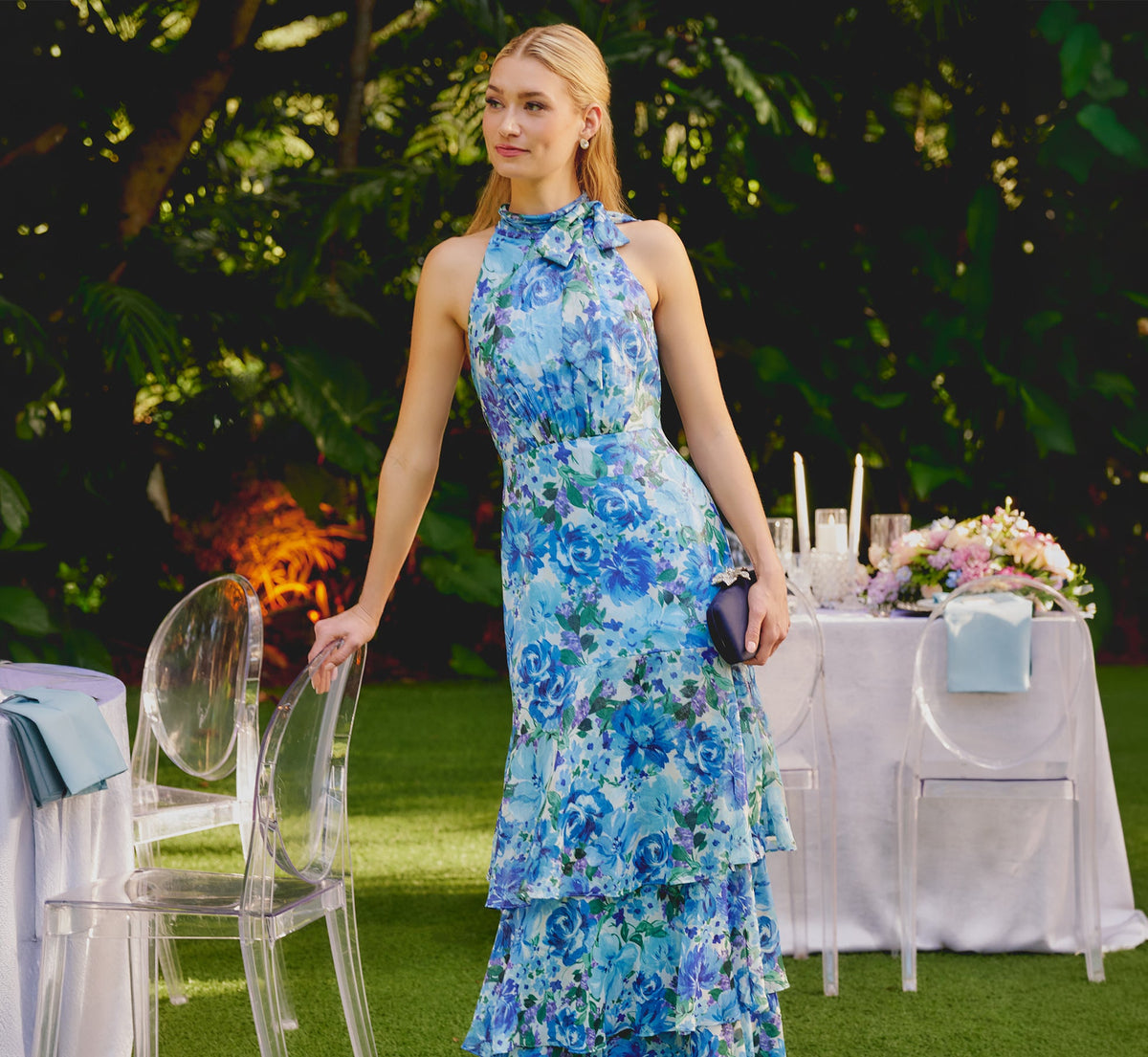 Tiered Metallic Floral Chiffon Halter Gown - Blue Multi | Adrianna Papell