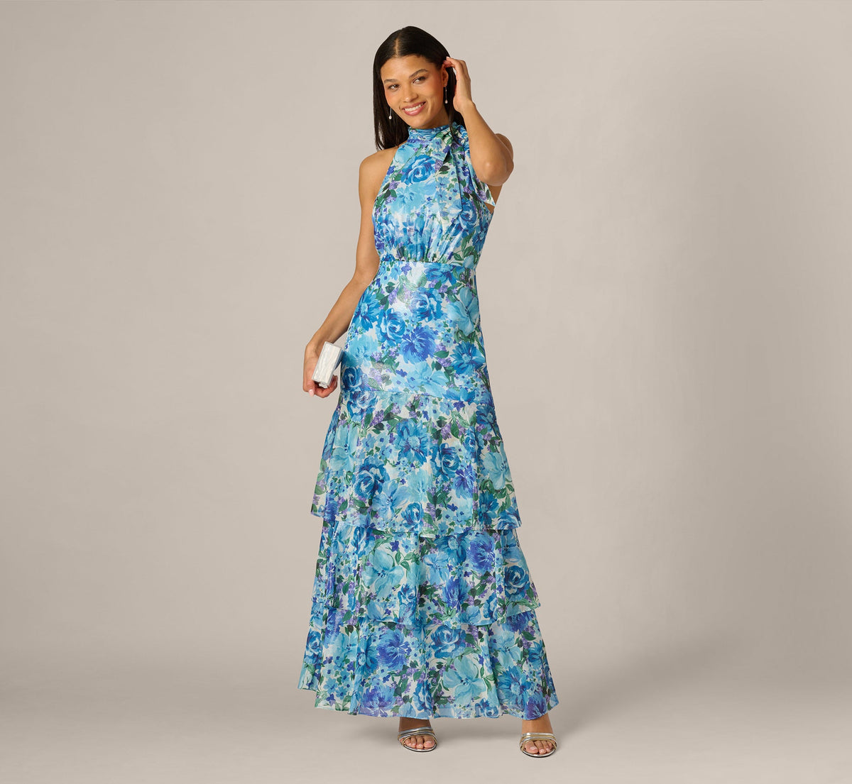 Tiered Metallic Floral Chiffon Halter Gown - Blue Multi | Adrianna Papell