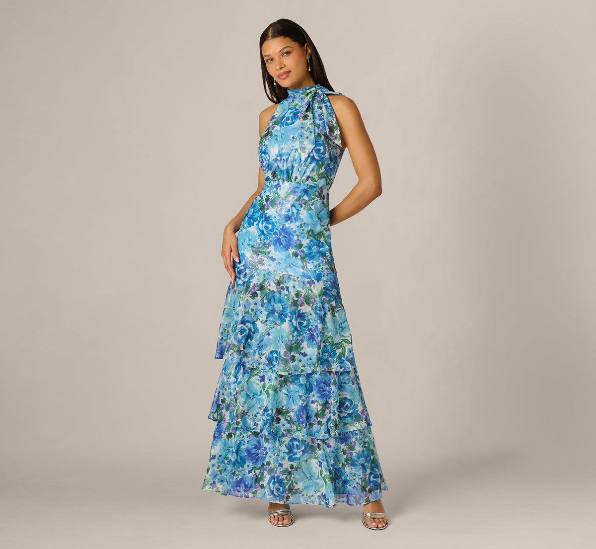 Tiered Metallic Floral Chiffon Halter Gown - Blue Multi | Adrianna Papell