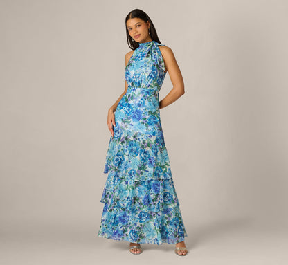 Tiered Metallic Floral Chiffon Halter Gown - Blue Multi | Adrianna Papell