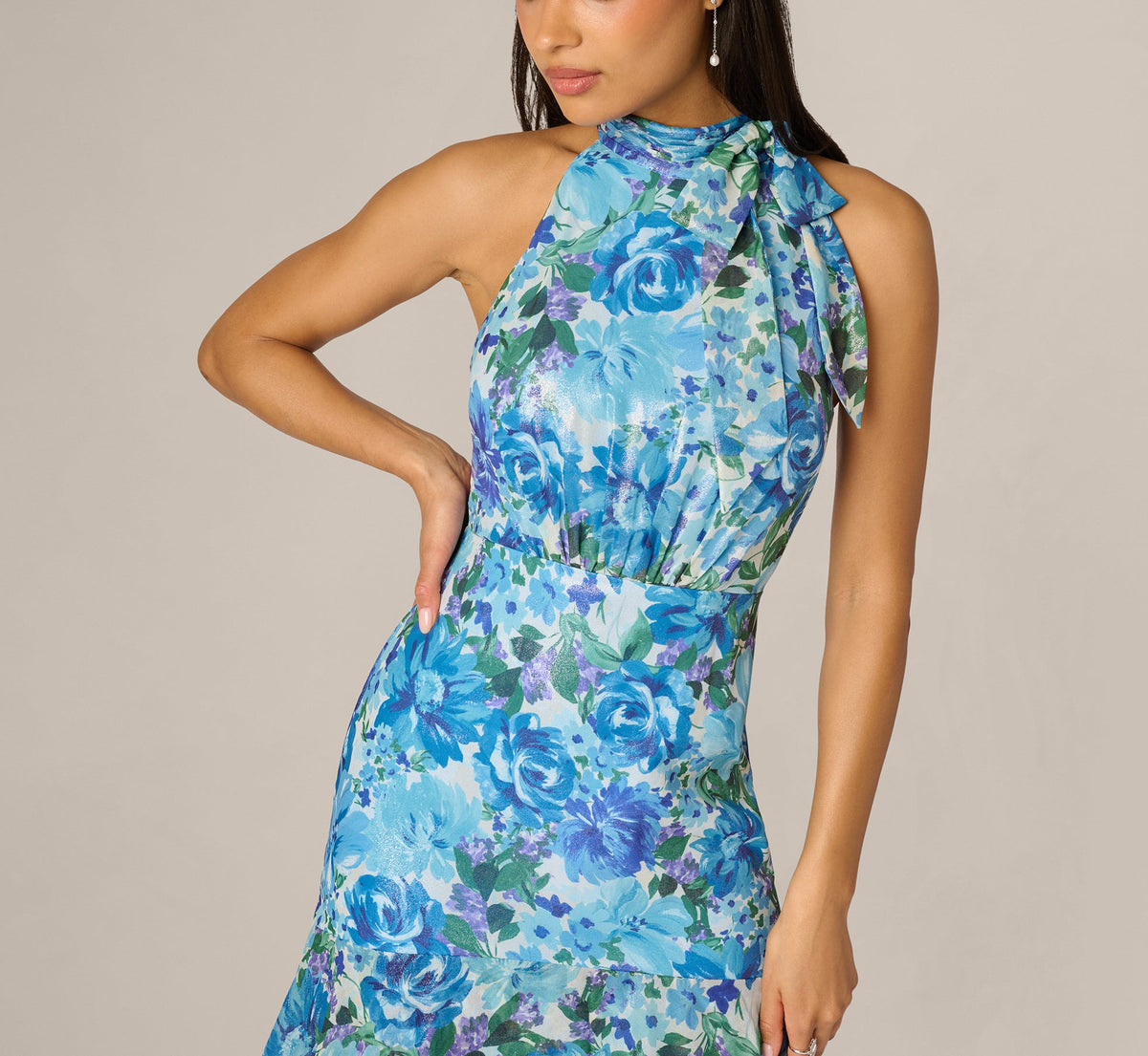 Tiered Metallic Floral Chiffon Halter Gown - Blue Multi | Adrianna Papell