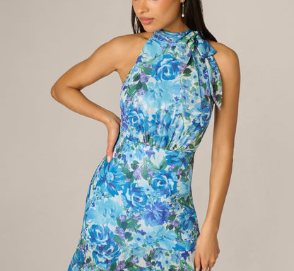 Tiered Metallic Floral Chiffon Halter Gown - Blue Multi | Adrianna Papell