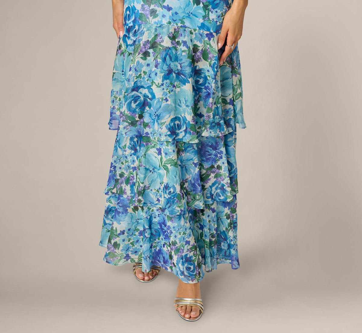 Tiered Metallic Floral Chiffon Halter Gown - Blue Multi | Adrianna Papell