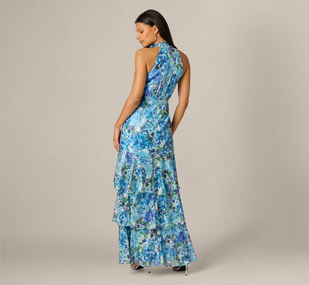 Tiered Metallic Floral Chiffon Halter Gown - Blue Multi | Adrianna Papell