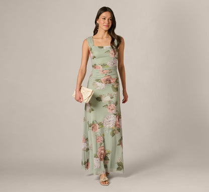 Floral Print Stretch Mesh Ruched Gown - Sage Multi | Adrianna Papell