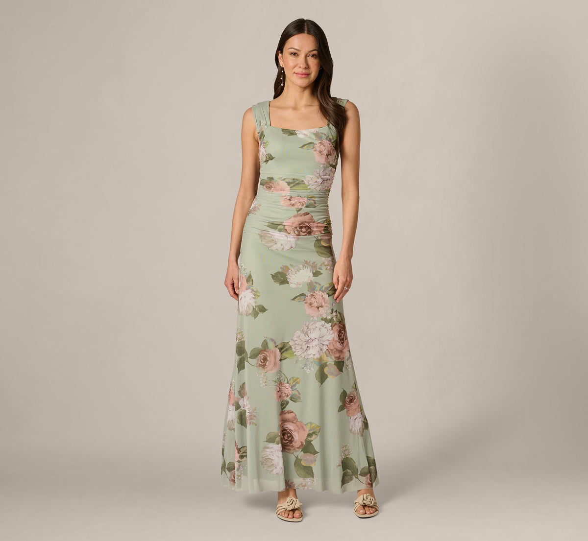 Floral Print Stretch Mesh Ruched Gown - Sage Multi | Adrianna Papell
