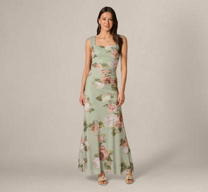 Floral Print Stretch Mesh Ruched Gown - Sage Multi | Adrianna Papell