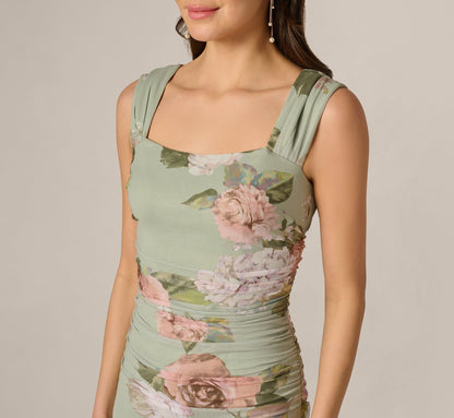 Floral Print Stretch Mesh Ruched Gown - Sage Multi | Adrianna Papell