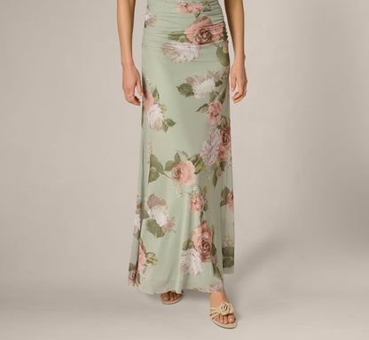 Floral Print Stretch Mesh Ruched Gown - Sage Multi | Adrianna Papell